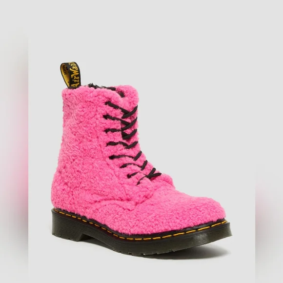Dr. Martens Pink Faux Shearling Lace-Up Boots with Black Trim - Picture 2 of 8